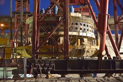 After the front end was lifted from the pit, Big Bertha was rolled down a set of tracks and moved into place for repairs in 2015. Credit: WSDOT Flickr