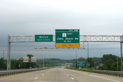 An exit for John Deere Road and Illinois Route 5.