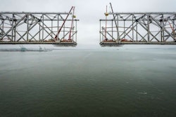 The suspended span of the historic Old Bay Bridge is cut at its center.