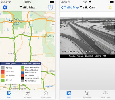 Screenshots from the Wisconsin DOT’s new app for road conditions