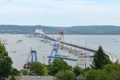 The Left Coast Lifter, aka, the I Lift New York, places an 1,100-ton section of the new Tappan Zee Bridge on June 17.