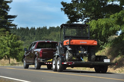 Towing 5,300 pounds of Landoll trailer and Kubota RTV is an easy task for the 2015 F-150. Note: Towing trailers with EcoBoost V-6’s requires using premium fuel.