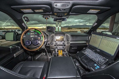 Data gathering equipment required a lot of electronics to be stuffed into the F150’s cab.