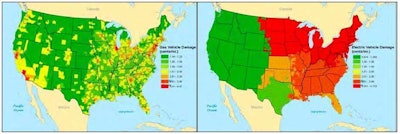These two maps illustrate the estimated damages, from 1 to 5 percent, for gas (left) and electric (right) vehicles by U.S. county. The Credit: National Bureau of Economic Research