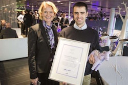 SSAB VP/head of human resources Monika Guten, with 2014 University Challenge winner Manuel Genzor.