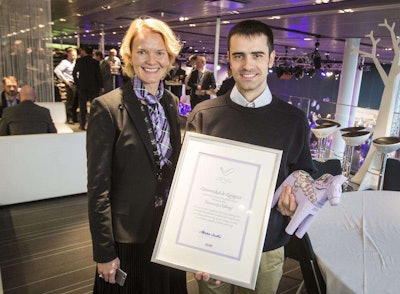 SSAB VP/head of human resources Monika Guten, with 2014 University Challenge winner Manuel Genzor.