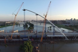 A screenshot of the drone footage. over the Margaret McDermott Bridge construction.
