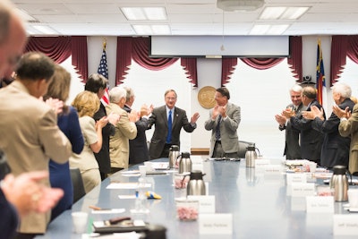 Governor McCrory, right, names Nick Tennyson, middle, as Secretary of Transportation at August 2015 Board of Transportation Meeting in Raleigh. (Photo courtesy of the North Carolina Department of Transportation)