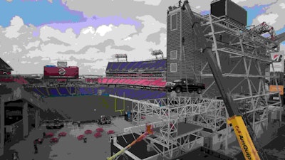 NASHVILLE, Tenn. (August 18, 2015) – This might just be the perfect tailgating spot for this weekend’s upcoming Tennessee Titans preseason game against the St. Louis Rams. Nissan enlisted a heavy-duty crane to lift an all-new 2016 Nissan TITAN XD full-size pickup into a special “reserved” parking space next to the video scoreboard at the newly named Nissan Stadium in downtown Nashville, Tenn.