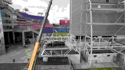 NASHVILLE, Tenn. (August 18, 2015) – This might just be the perfect tailgating spot for this weekend’s upcoming Tennessee Titans preseason game against the St. Louis Rams. Nissan enlisted a heavy-duty crane to lift an all-new 2016 Nissan TITAN XD full-size pickup into a special “reserved” parking space next to the video scoreboard at the newly named Nissan Stadium in downtown Nashville, Tenn.