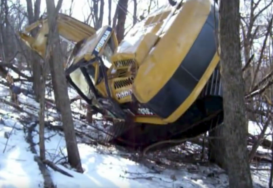Cat excavator stuck in a tree