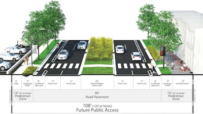 Artist rendering of a lower-speed roadway design to accommodate bike paths, sidewalks and landscaping.