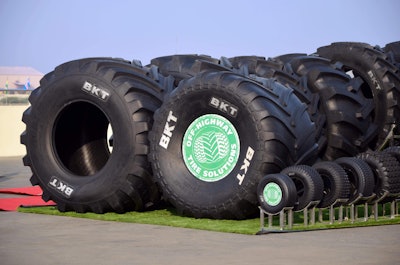 A display at the Bhuj, India, BKT plant showcasing the range of its OTR tires.