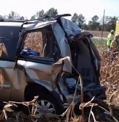 INDOT workers rescued an elderly couple and their pets from this mangled minivan after it was rear ended by a dump truck into their work zone. Photo Credit: Still from WSBT footage
