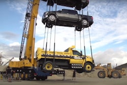 Hang in there! The Ford F-750 Tonka dump truck was the last truck hung from Ford’s newest Super Duty frame.