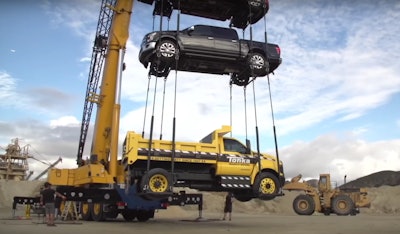 Hang in there! The Ford F-750 Tonka dump truck was the last truck hung from Ford’s newest Super Duty frame.