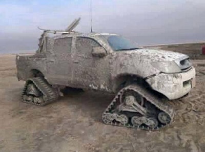 Kurdish fighters recently seized a Toyota Hilux from ISIS terrorists who had added an all-terrain track system.