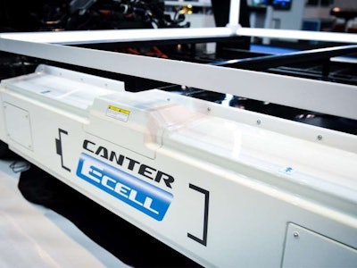 The Canter E-Cell’s battery packs are suspended from either side of the truck’s frame.