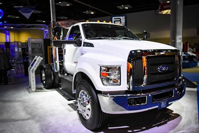 A Ford F-750 chassis cab equipped with the 6.7L PowerStroke V8 on display at the 2016 Work Truck Show. Photo credit: Wayne Grayson