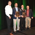 From left to right: Roger Mohr, John Deere; Michael Naletko, public fleet Technician of the Year, Christopher Flood, private fleet Technician of the Year, and Mike Watkins, John Deere.