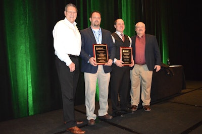 From left to right: Roger Mohr, John Deere; Michael Naletko, public fleet Technician of the Year, Christopher Flood, private fleet Technician of the Year, and Mike Watkins, John Deere.