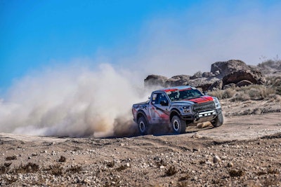 The all-new Ford F-150 Raptor race truck competes in the grueling Best in the Desert Mint 400 off-road race in Primm, Nev., March 12, 2016. Photo credit: SnM-Media