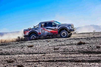 The 2017 Ford F-150 Raptor race truck competes in the grueling Best in the Desert Mint 400 off-road race in Primm, Nev., March 12, 2016.