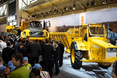 Old an new: Volvo’s new A60H was display alongside the company’s first articulated dump truck, the DR 631.