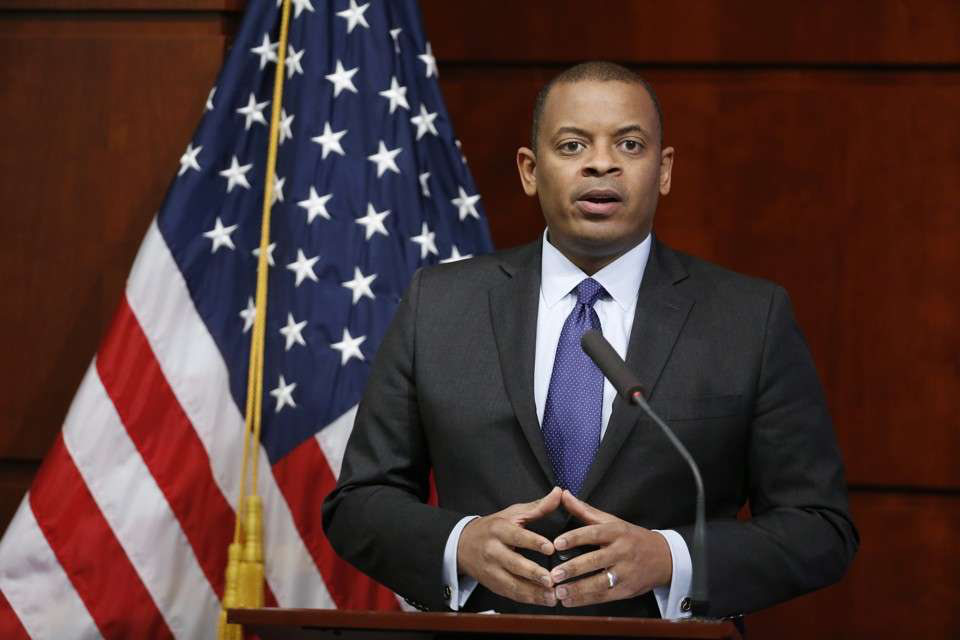Transportation Secretary Anthony Foxx pauses while speaking during a news conference about Takata air bags, Tuesday, Nov. 3, 2015, at the Transportation Department in Washington. U.S. auto safety regulators fined Takata Corp. of Japan $70 million for laps