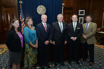Governor Nathan Deal welcomes GDOT officials at the Centennial Proclamation Signing Ceremony. L to R: Chief Engineer Meg Pirkle, Treasurer Angela Whitworth, Commissioner Russell McMurry, Deputy Commissioner Mike Dover and Planning Director Jay Roberts