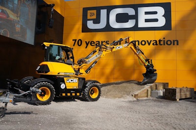 The JCB headliner at Bauma, the wheeled Hydradig will likely see a ConExpo introduction next year. The company moved the engine and tanks to the chassis to give visibility to all four wheels in the operating/driving position and lower the center of gravity.