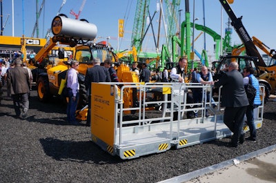 JCB plans to introduce a manlift platform for its telehandlers, such as the one displayed here at the show, later this year in North America.