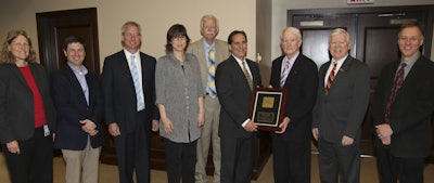Pictured left to right: MDOT Executive Director Melinda McGrath; MDOT State Bridge Engineer Justin Walker; Northern Transportation Commissioner Mike Tagert; MDOT Assistant Chief Engineer Amy Mood; Southern Transportation Commissioner Tom King; Kenny Collins, Project Manager, Michael Baker International; Central Transportation Commissioner Dick Hall, Ray Balentine, Vice President, Alabama & Mississippi, Michael Baker International; MDOT Roadway Design Engineer Richard Pittman.