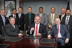 VDOT was named DBIA Transportation Owner of the Year. Seated (l-r): Chief Engineer Garrett Moore, PE, Commissioner Charlie Kilpatrick, PE, Deputy Chief Engineer Mohammad Mirshahi, PE. Standing: members of VDOT’s Alternate Project Delivery Team, Stephen Kindy, PE, Suril Shah, EIT, Bryan Stevenson, PE, Jeffrey Roby, PE, DBIA, Shailendra Patel, PE, DBIA, John Daoulas, PE, Jeff Hetzer, Joseph Clarke, PE, DBIA