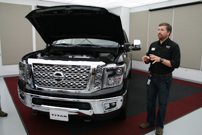 Brent Hagan, product manager for Nissan North America, talks to reporters last week about the recent availability of the 5.6-liter Endurance gas V8 for the Titan XD.