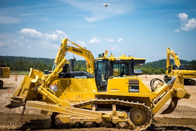 A drone flies above the D155i RC at Komatsu’s Cartersville, Ga., customer center