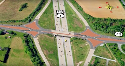 A rendering of Delaware’s first diverging diamond interchange at SR 1 and Route 72.