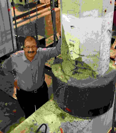 Pantelides and a damaged bridge column repaired with his “donut” method. The donut features a lining made of carbon fiber and is stronger than concrete and steel. Photo credit: University of Utah