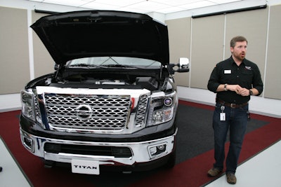 Brent Hagan, product manager for Nissan North America, talks to reporters last week about the recent availability of the 5.6-liter Endurance gas V8 for the Titan XD.