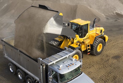 A Volvo loader equipped with the company’s new Sand Bucket.