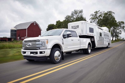 The 2017 Ford F-450 Platinum Crew Cab 4×4 Class 3 dual-rear-wheel pickup is the top-of-the-line luxury model in the Super Duty lineup. Ford says it can pull heavier gooseneck and fifth-wheel trailers than ever.