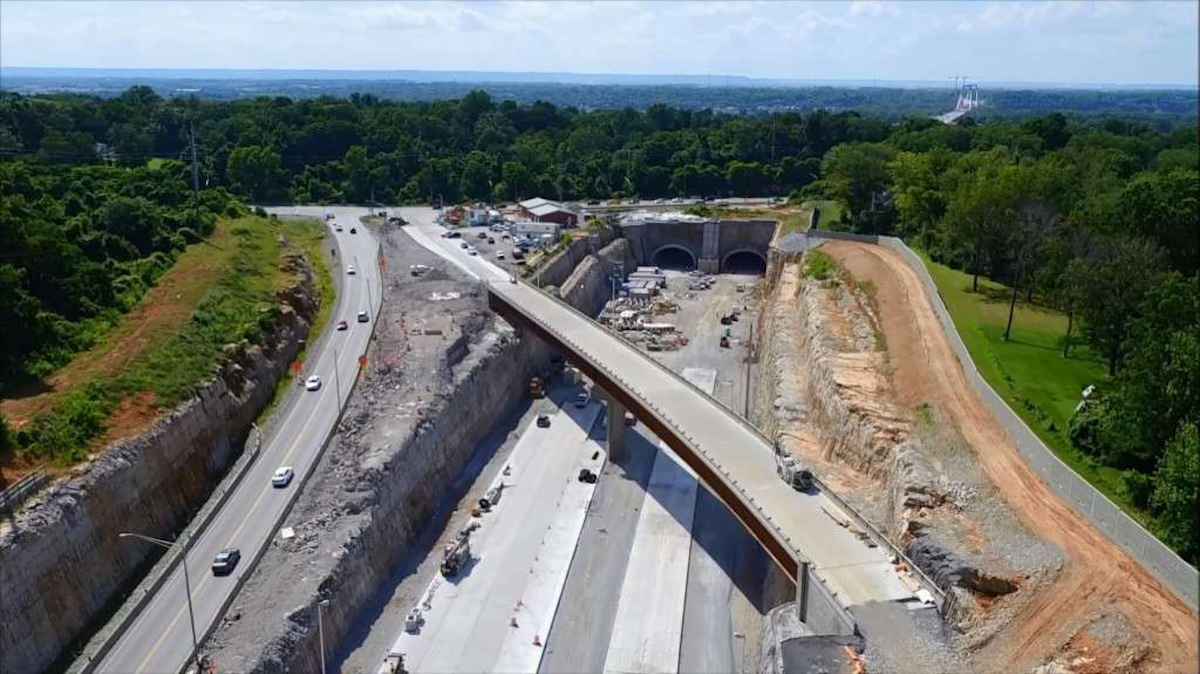Drone flythrough of twin tunnel construction at East End Crossing in