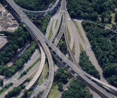 Route 8 and I-84 meet at what is called “The Mixmaster” interchange in Waterbury, Conn. Replacement of the Waterbury Mixmaster is among hundreds of transportation projects now stalled over what the governor and DOT commissioner say is a lack of state funding. Photo credit: Google Earth data
