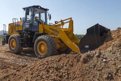 The 3-cubic-yard Lonking CDM835 loader has an operating weight of 27,060 pounds and uses a semi-automatic countershaft powershift transmission.