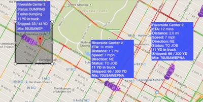 An example map from WheresMyConcrete showing three mixer truck locations as well as their job status and payloads.
