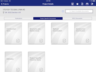 Projects Specific Documents (e.g., contract, amendments, plan drawings, etc) are all available and can be downloaded to the iPad