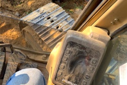 The JohnnyBall, seen in this photo just below the excavator’s in-cab monitor, is a completely portable, 3D on-board measuring system. Since it mounts to a system of base cups, it can be mounted anywhere in the cab and can be used between multiple machines.