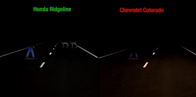 IIHS headlight test compares the top-scoring 2017 Honda Ridgeline to the most poorly lit pickup, the 2016 Chevrolet Colorado.