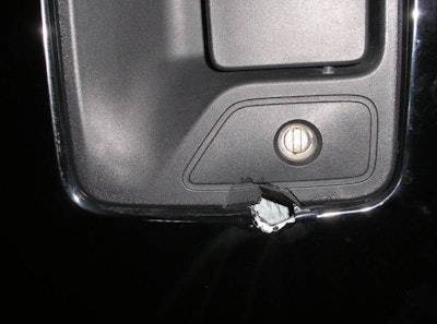 On its website, Jimmi Jammer shows how its anti-theft plate stopped a thief from using a screwdriver to break into a Ford pickup.