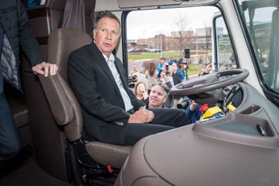 Ohio Gov. John Kasich inside an autonomous truck powered by Otto to be tested on the Smart Mobility Corridor. (Photo: ODOT)